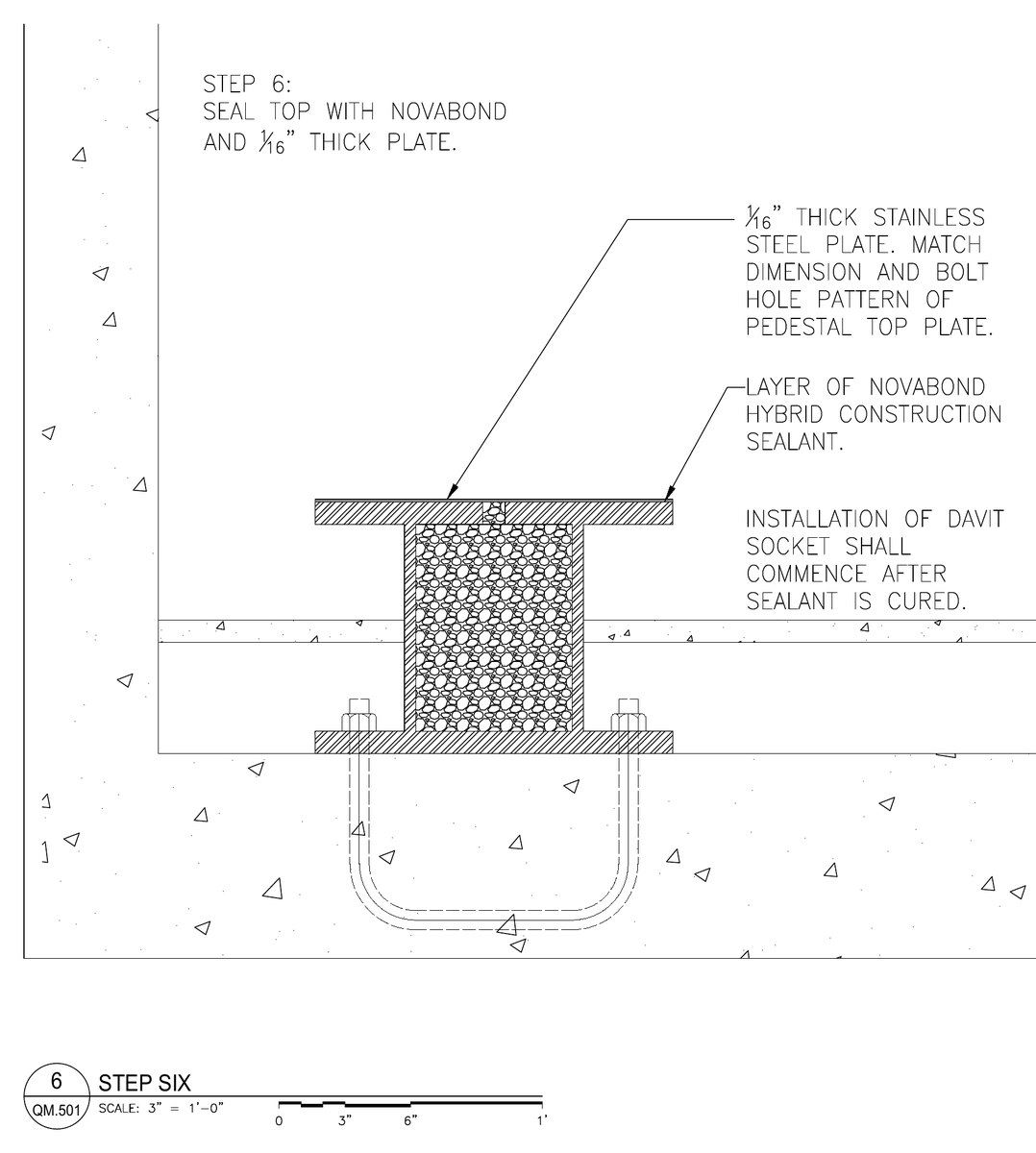 Section detail of a davit pedestal filled with cured foam and sealed under a stainless steel top plate